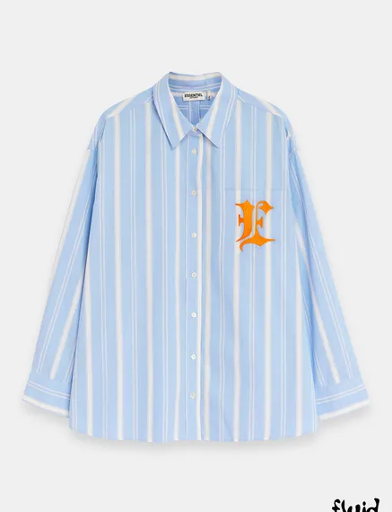 Blue, white and orange striped cotton shirt with 'E' embroidery