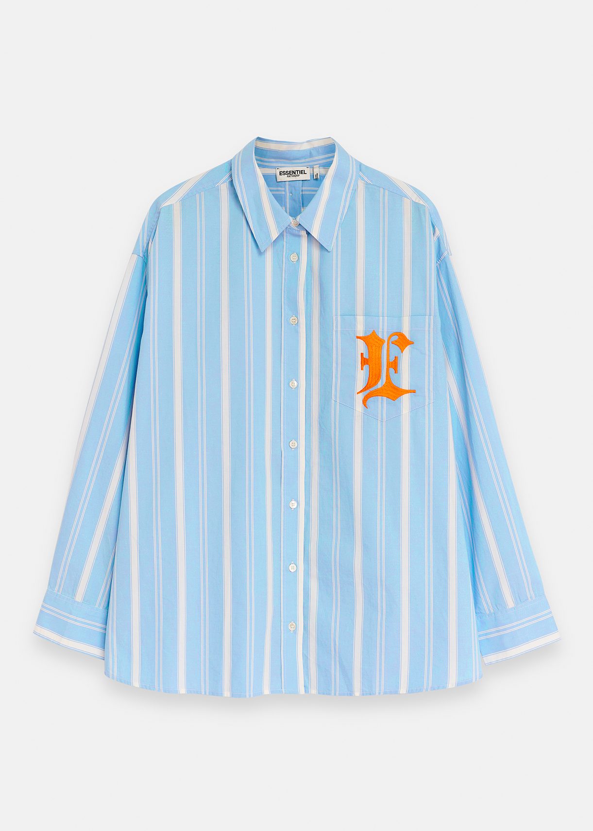 Blue, white and orange striped cotton shirt with 'E' embroidery