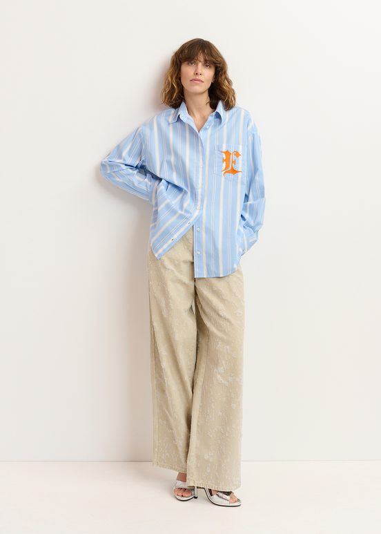 Blue, white and orange striped cotton shirt with 'E' embroidery