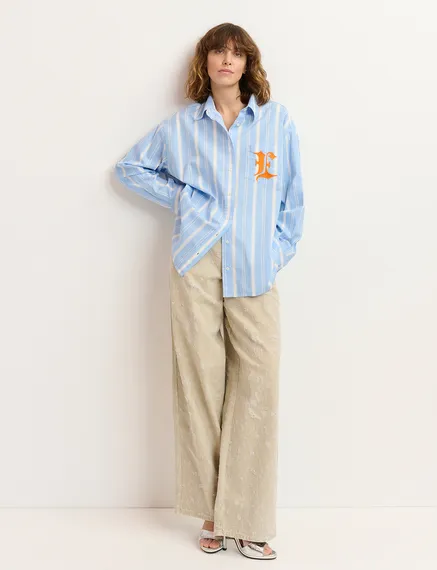 Blue, white and orange striped cotton shirt with 'E' embroidery