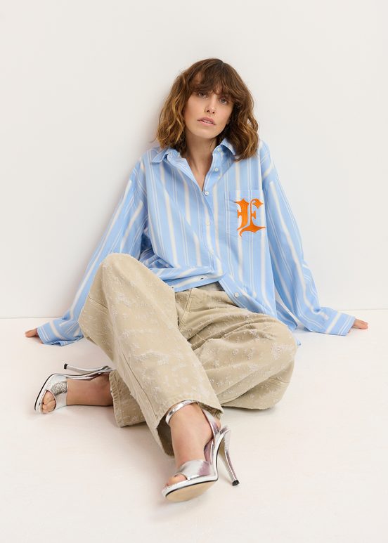 Blue, white and orange striped cotton shirt with 'E' embroidery