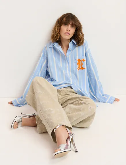 Blue, white and orange striped cotton shirt with 'E' embroidery