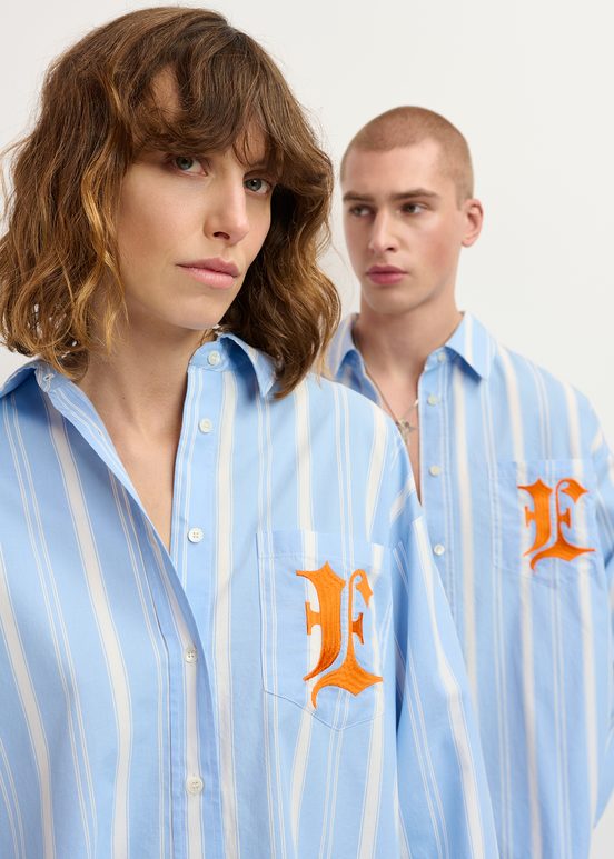 Blue, white and orange striped cotton shirt with 'E' embroidery