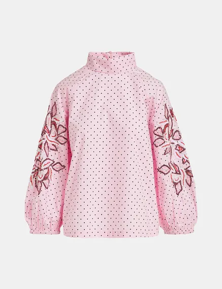 Light pink polka-dotted top with stand-up collar