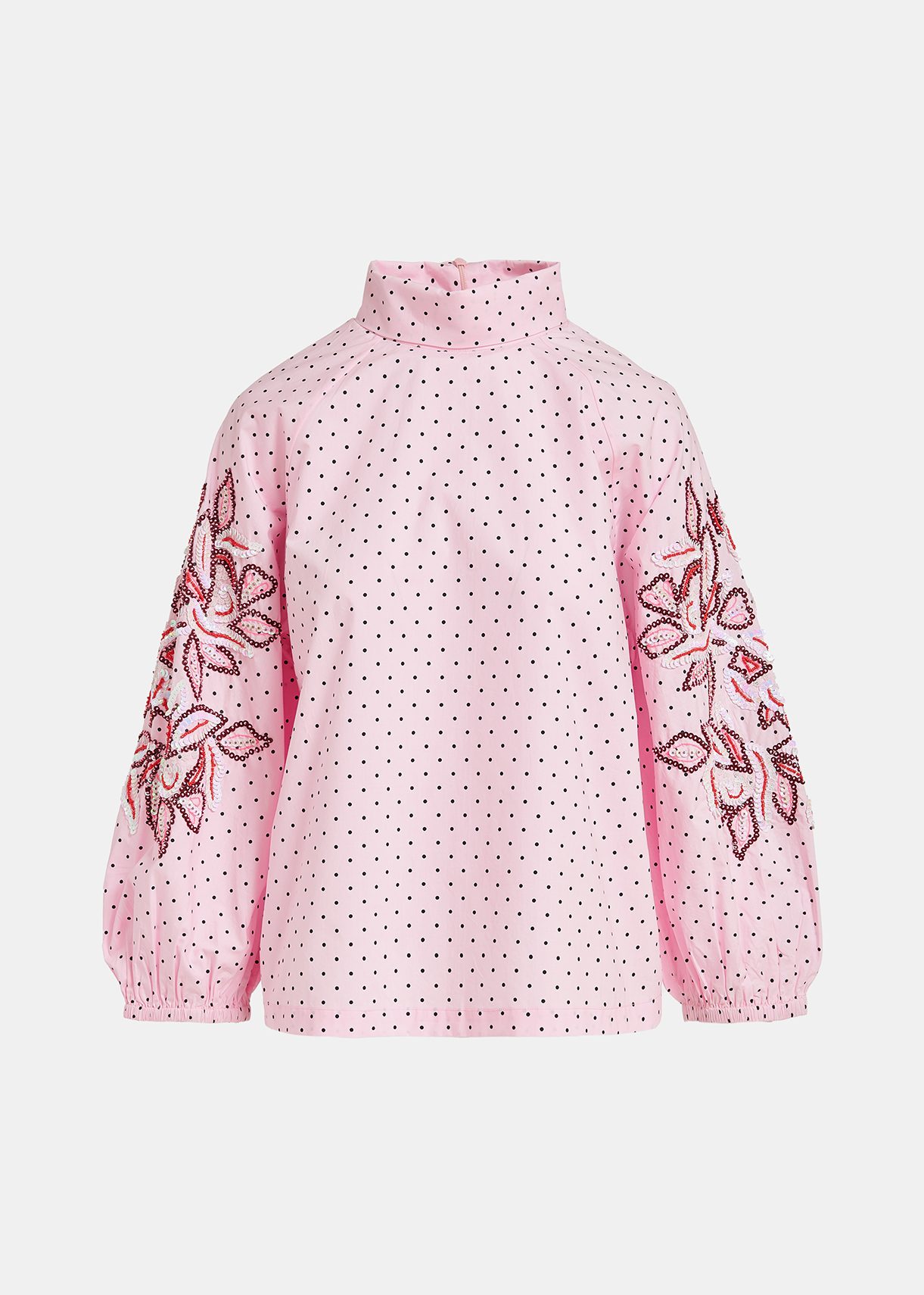 Light pink polka-dotted top with stand-up collar