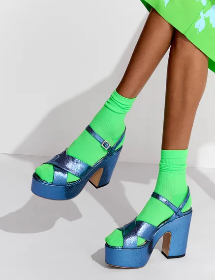 Blue metallic platform sandals