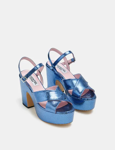 Blue metallic platform sandals