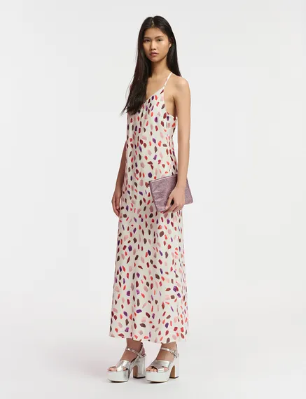 Off-white maxi-length slip dress with abstract print