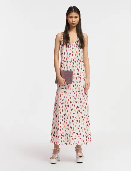 Off-white maxi-length slip dress with abstract print