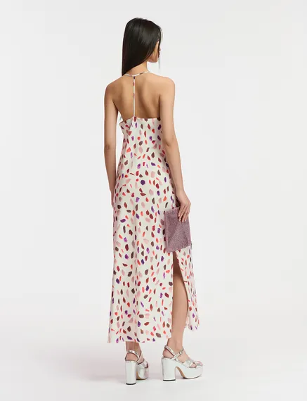 Off-white maxi-length slip dress with abstract print