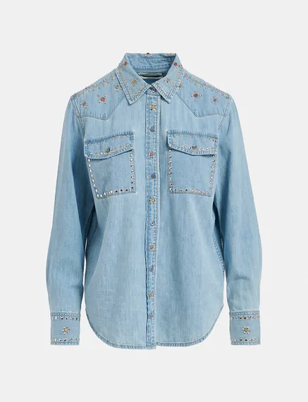 Blue denim shirt with stud embellishments