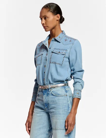 Blue denim shirt with stud embellishments