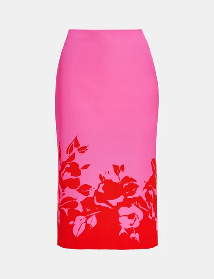 Roze en rode midirok met bloemenprint