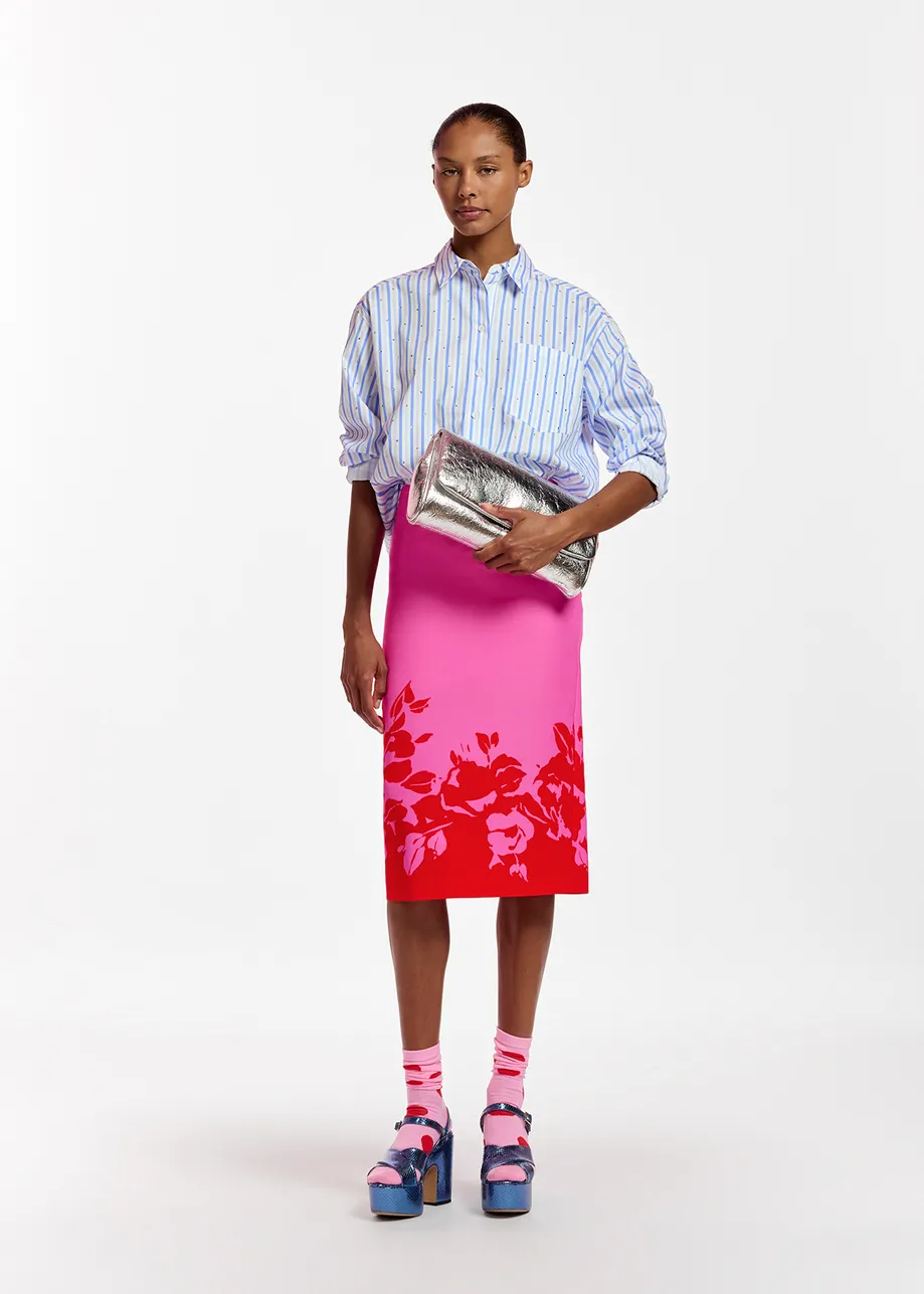 Pink and red floral print midi skirt
