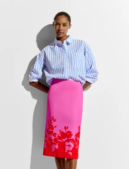 Roze en rode midirok met bloemenprint