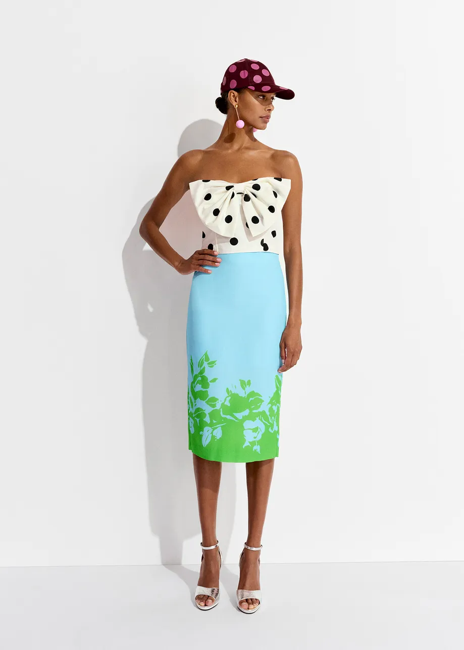 Blue and green floral print midi skirt