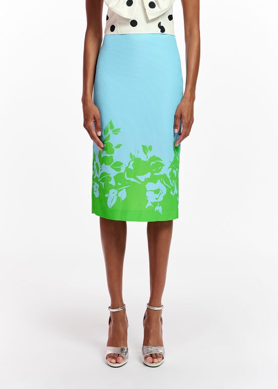 Blauwe en groene midirok met bloemenprint