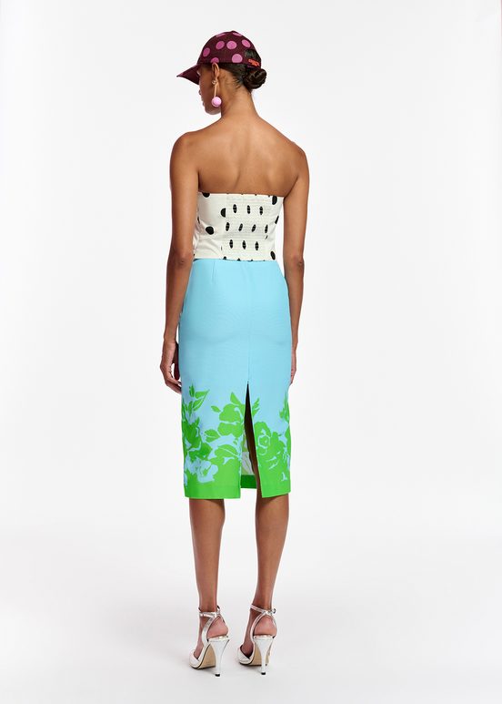 Blauwe en groene midirok met bloemenprint