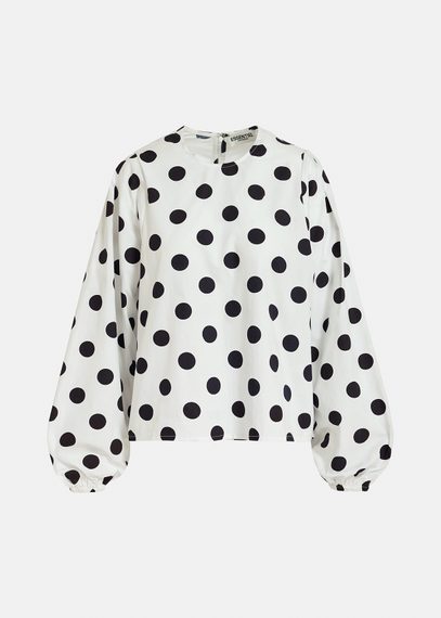 Top à pois noir et blanc à manches bouffantes