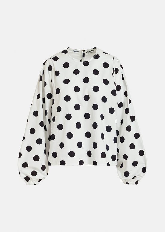 White and black polka-dot top with puffed sleeves