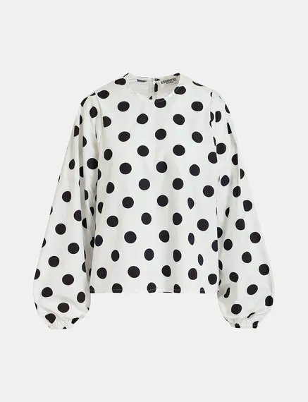 White and black polka-dot top with puffed sleeves