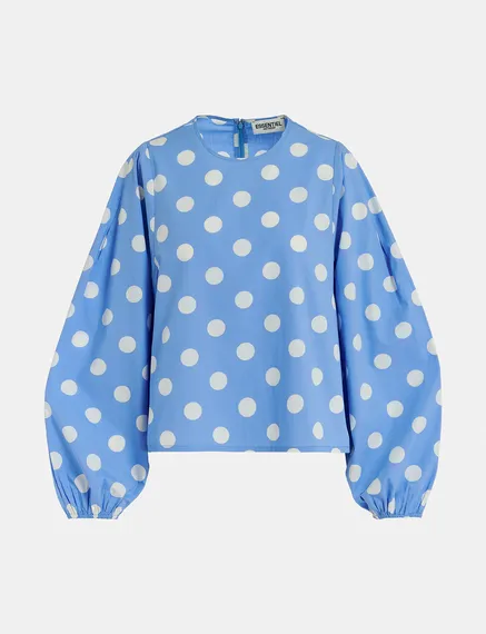 Blue and white polka-dot top with puffed sleeves