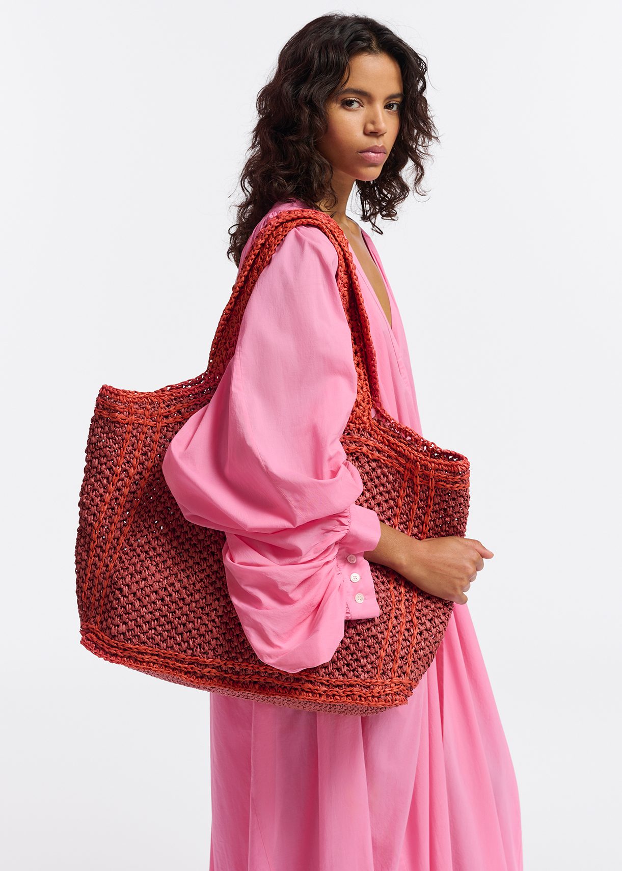 Brick red and orange paper-raffia shopper bag