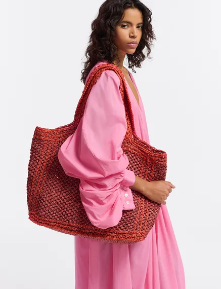 Brick red and orange paper-raffia shopper bag