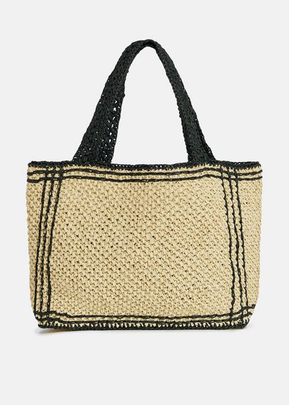 Beige en zwarte shopper in papieren raffia