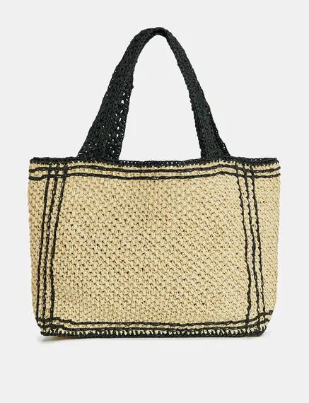 Beige und schwarze Shopper-Tasche aus Papier-Raffia