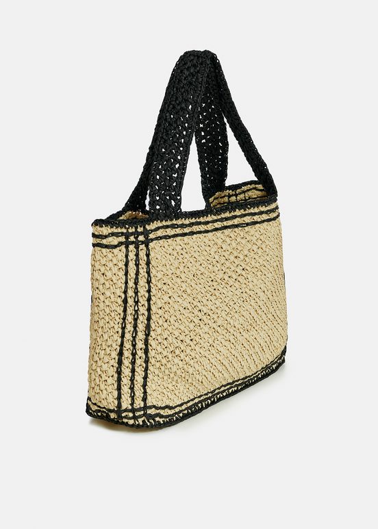 Beige und schwarze Shopper-Tasche aus Papier-Raffia