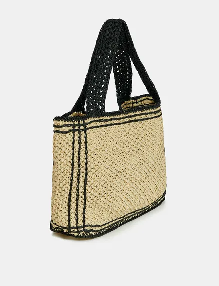 Beige und schwarze Shopper-Tasche aus Papier-Raffia