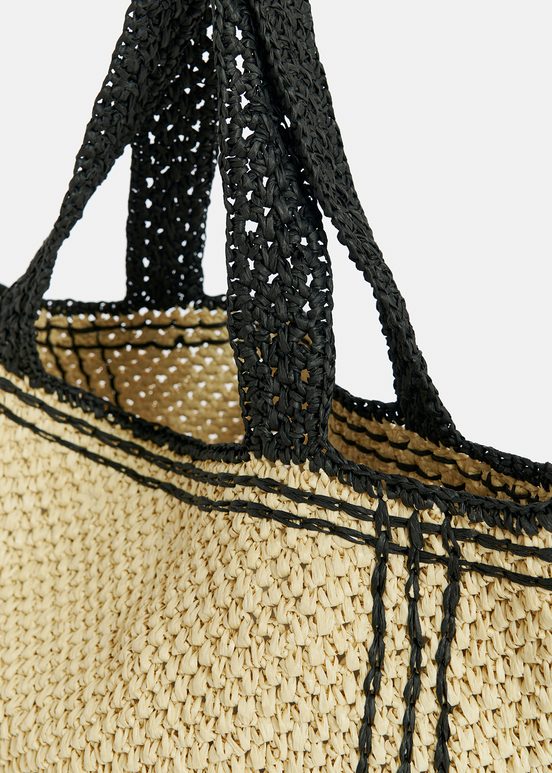 Beige und schwarze Shopper-Tasche aus Papier-Raffia