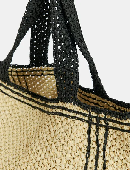 Beige und schwarze Shopper-Tasche aus Papier-Raffia