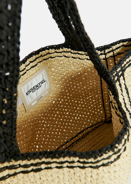 Beige und schwarze Shopper-Tasche aus Papier-Raffia