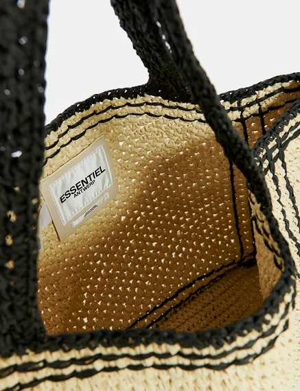 Beige and black paper-raffia shopper bag