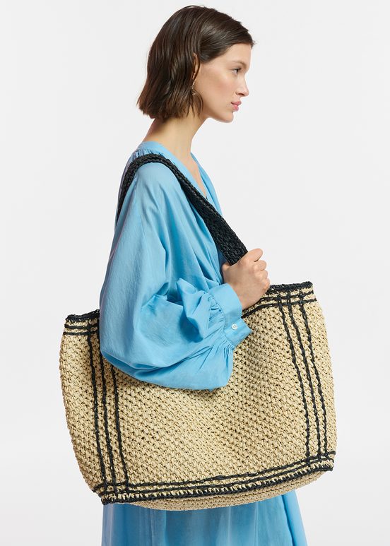 Beige und schwarze Shopper-Tasche aus Papier-Raffia