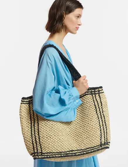 Beige und schwarze Shopper-Tasche aus Papier-Raffia