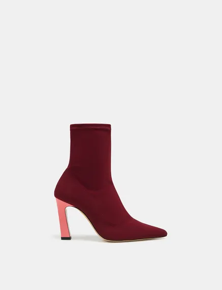 Burgundy sock boots with light pink heel