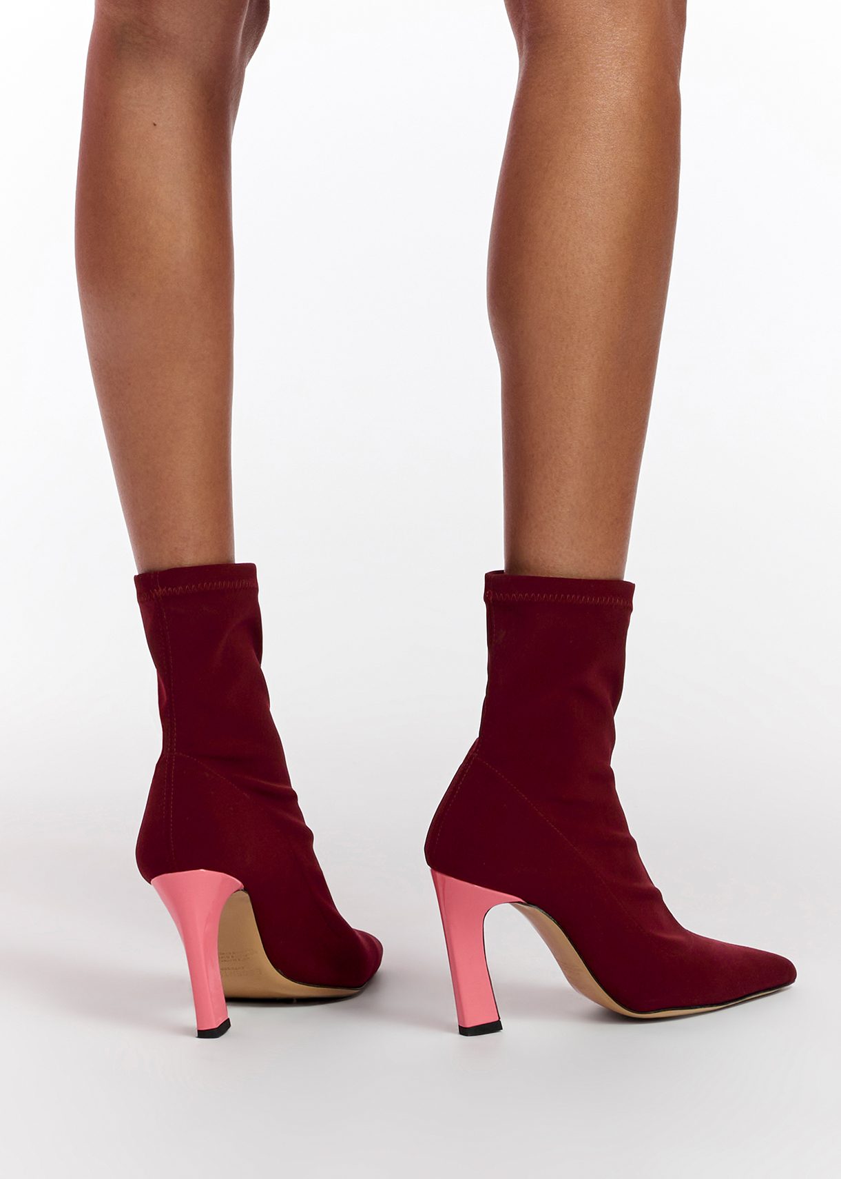 Burgundy sock boots with light pink heel