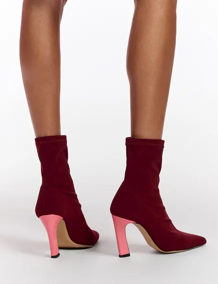 Burgundy sock boots with light pink heel