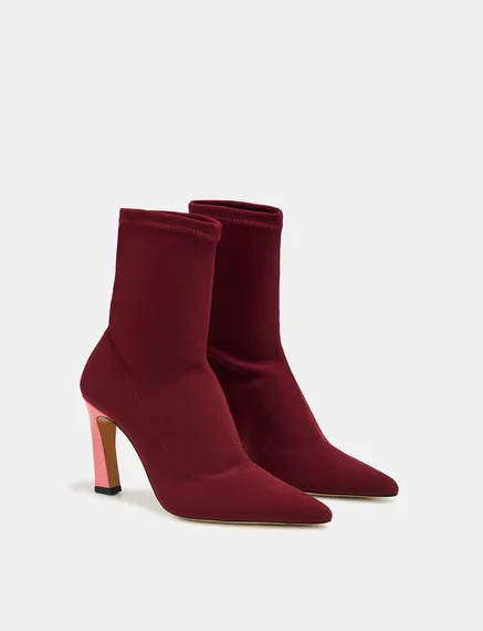 Burgundy sock boots with light pink heel