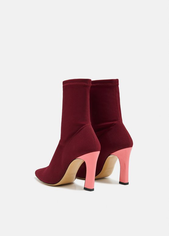 Burgundy sock boots with light pink heel