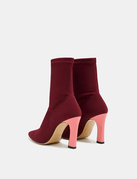 Burgundy sock boots with light pink heel