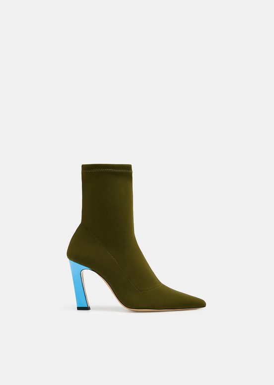 Khaki sock boots with light blue heel