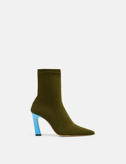 Khaki sock boots with light blue heel