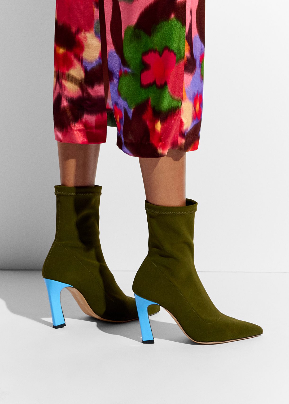 Khaki sock boots with light blue heel