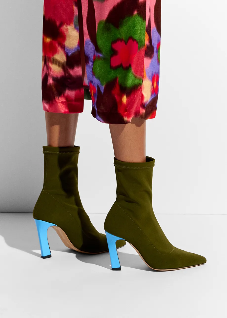 Khaki sock boots with light blue heel