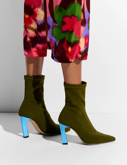 Khaki sock boots with light blue heel