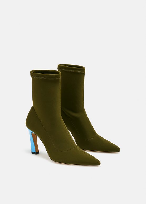 Khaki sock boots with light blue heel